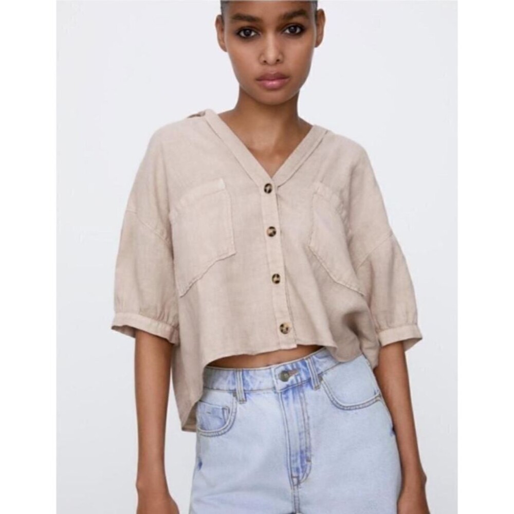 Zara 100% Linen Button Up Crop Top Size XS Boho Lagenlook Peasant Bohemian Beige